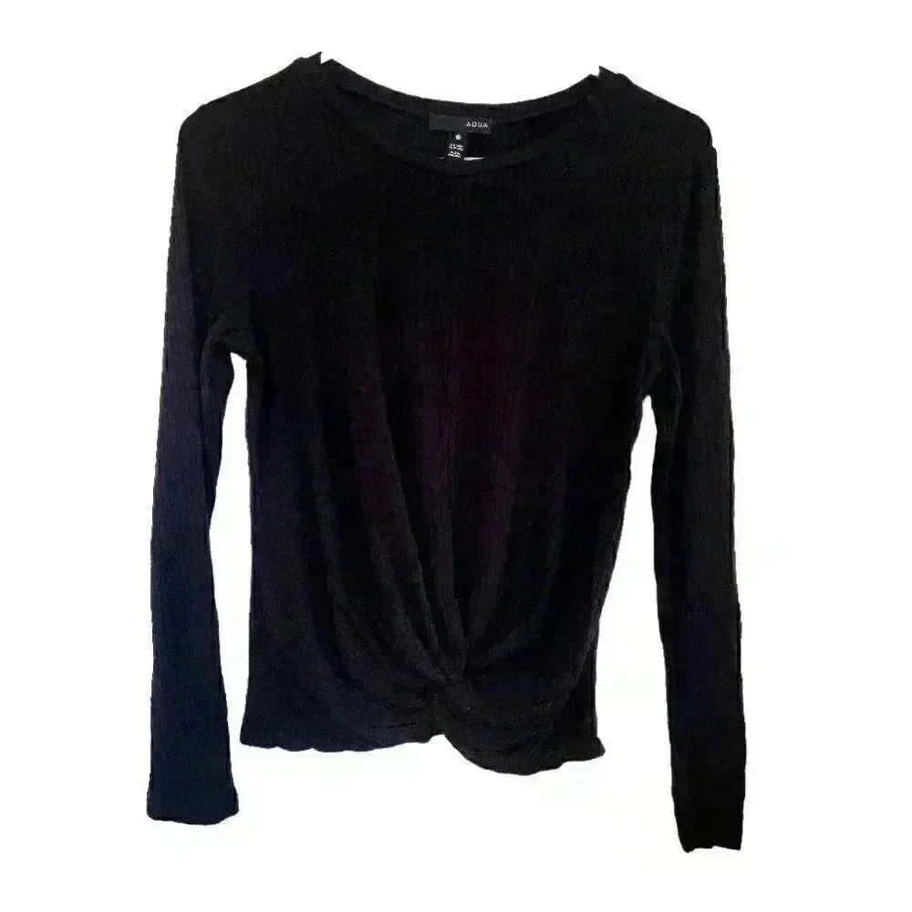 Missguided Women's Black Ribbed Rayon/Spandex Crew Neck Long Sleeve Twist Front